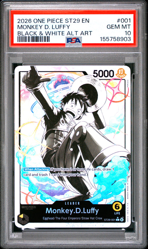 2026 ONE PIECE MONKEY D. LUFFY BLACK & WHITE ALTERNATE ART 001/114 PSA 10
