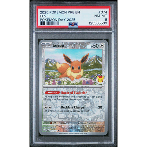 2025 POKEMON PRISMATIC EVOLUTIONS EEVEE 074/131 POKEMON DAY PSA 8