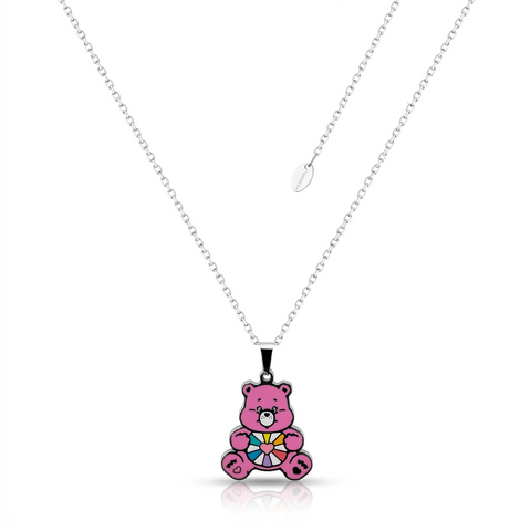 Stainless steel pink enamel Hopeful Heart Bear care bear necklace on a white background by Couture Kingdom