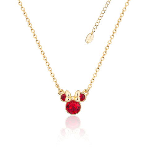 Gold necklace with a Minnie Mouse July birthstone red crystal pendant on a white background by Couture Kingdom