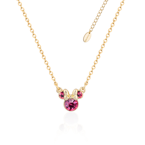 Gold necklace with a Minnie Mouse October birthstone pink crystal pendant on a white background by Couture Kingdom