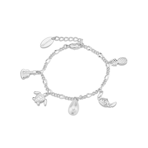 Silver White Gold Disney Stitch bracelet with various charms on a white background by Couture Kingdom