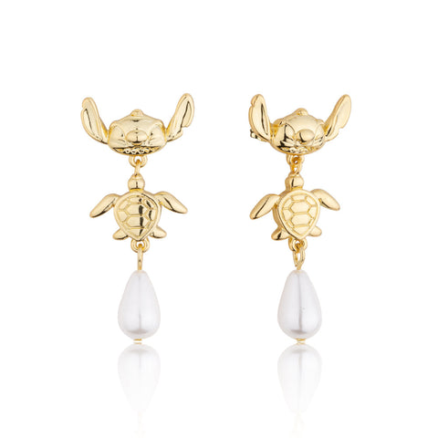 Disney Stitch and turtle Yellow Gold earrings with pearl drops on a white background by Couture Kingdom