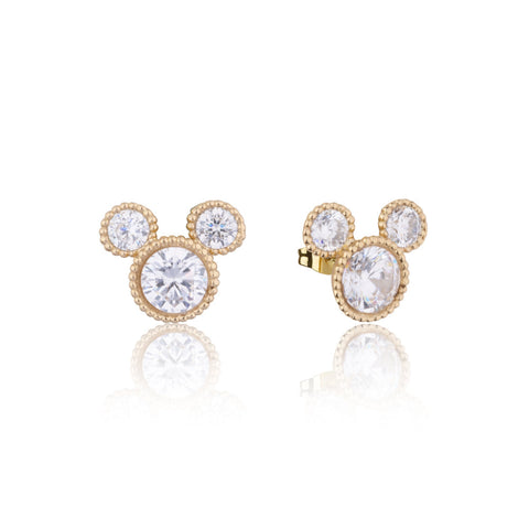 Gold earrings with clear gemstones in the shape of Mickey Mouse head on a white background by Couture Kingdom