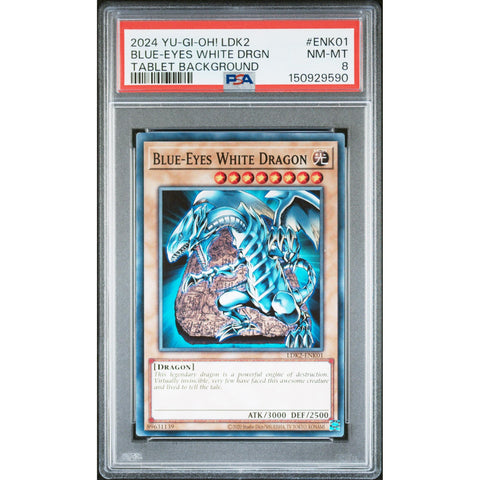 2024 YUGIOH BLUE EYES WHITE DRAGON TABLET BACKGROUND ENK01-97 PSA 8