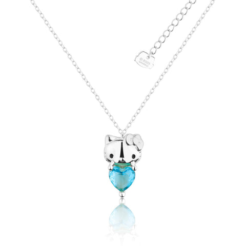 White Gold Hello Kitty March Birthstone crystal necklace on a white background by Couture Kingdom