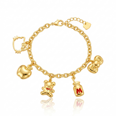 White gold plated bracelet with five hello kitty icon charms by Couture Kingdom on a white background