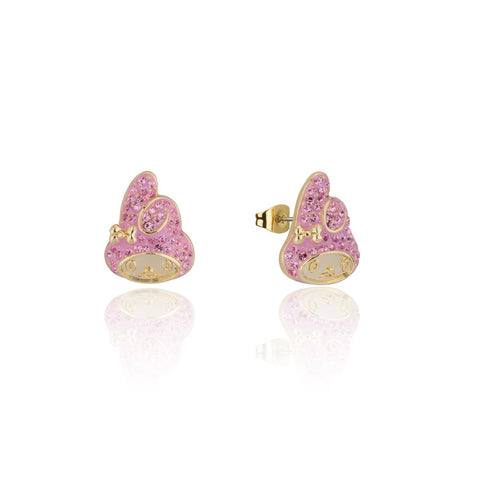 Gold My melody sanrio pink crystal stud earrings on a white background by Couture Kingdom