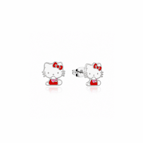 Hello Kitty earrings with red bow and overalls on a white background by Couture Kingdom