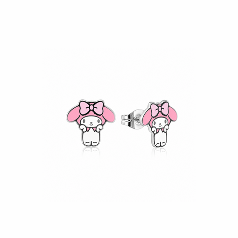 stainless steel Sanrio My Melody enamel stud earrings with pink bows by Couture Kingdom on a white background