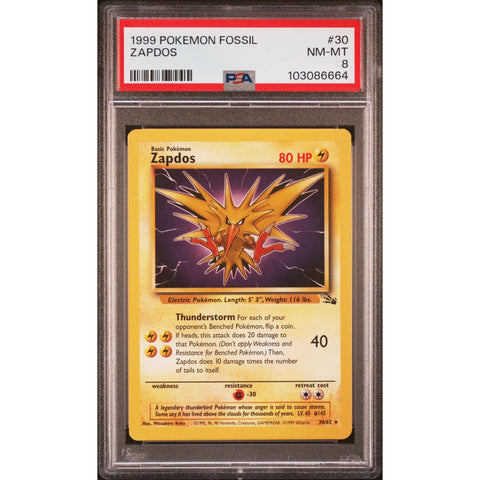 1999 POKEMON FOSSIL ZAPDOS 30/62 PSA 8