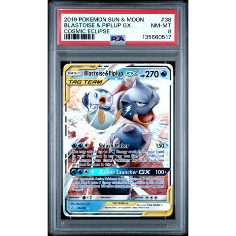 2019 POKEMON COSMIC ECLIPSE BLASTOISE & PIPLUP GX 38/236 PSA 8