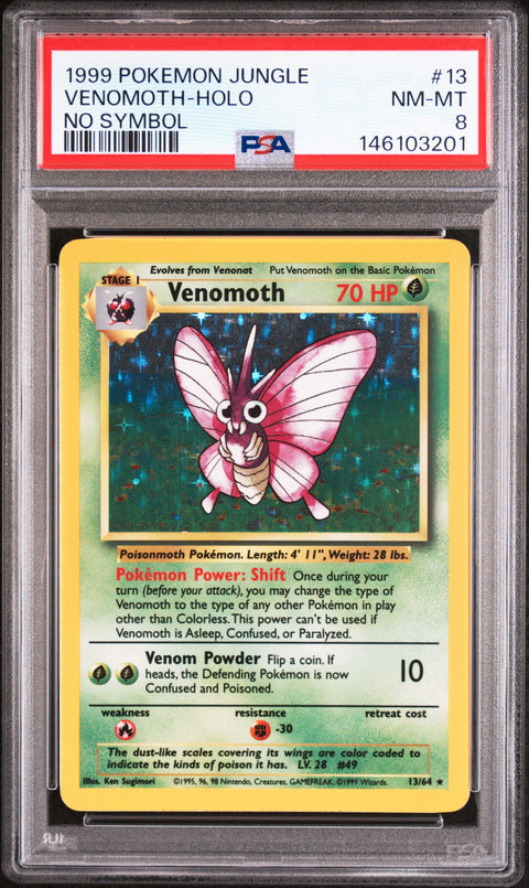 1999 POKEMON JUNGLE VENOMOTH HOLO NO SYMBOL 13/64 PSA 8