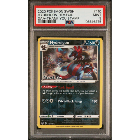 2020 POKEMON DARKNESS ABLAZE HYDREIGON REV FOIL THANKYOU STAMP 110/189 PSA 9