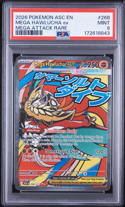 2026 POKEMON ASCENDED HEROES MEGA HAWLUCHA EX ATTACK RARE 268 PSA 9