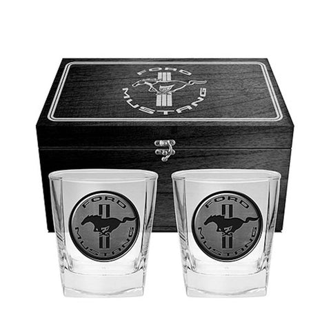 Ford Set of 2 Metal Badged Spirit Glasses in a Wooden Box