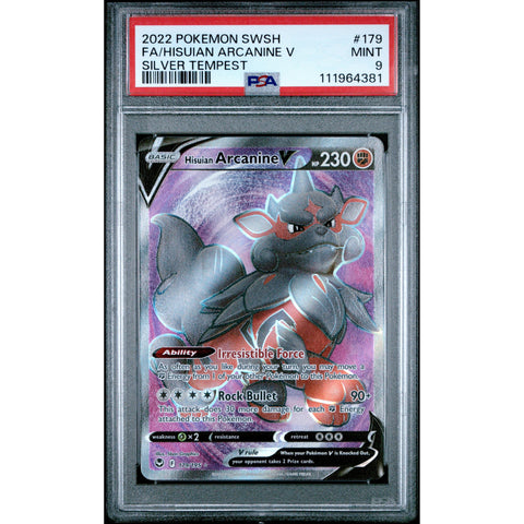 2022 POKEMON SILVER TEMPEST HISUIAN ARCANINE V FULL ART 179/195 PSA 9