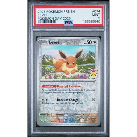 2025 POKEMON PRISMATIC EVOLUTIONS EEVEE 074/131 POKEMON DAY PSA 9