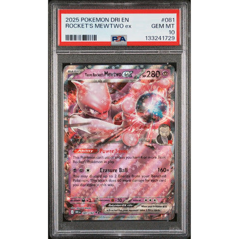 2025 POKEMON DRI EN-DESTINED RIVALS TEAM ROCKET'S MEWTWO EX 081/182 PSA 10