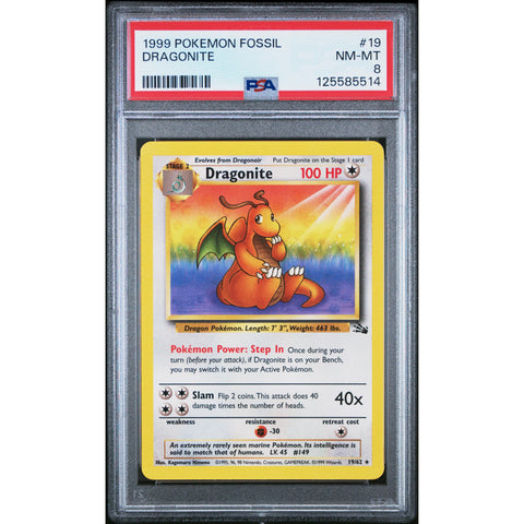 1999 POKEMON FOSSIL DRAGONITE 19/62 PSA 8
