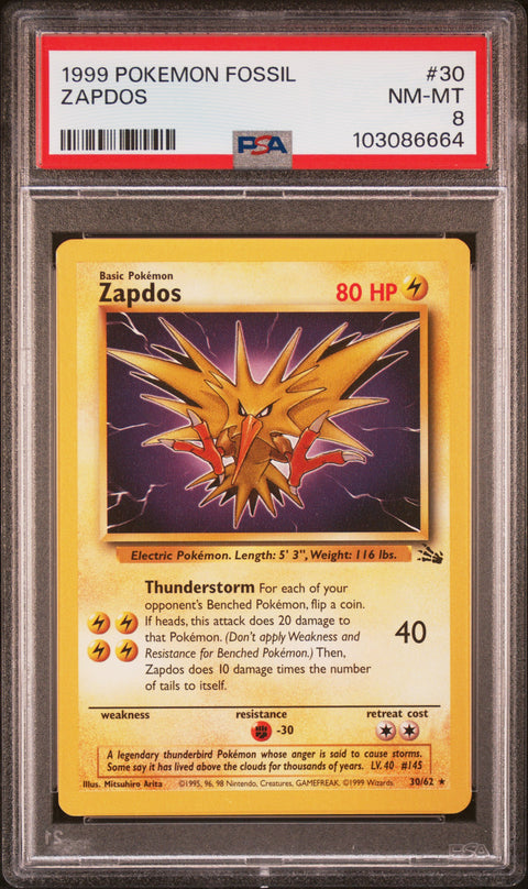 1999 POKEMON FOSSIL ZAPDOS 30/62 PSA 8