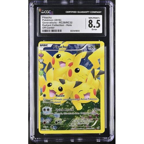 2016 POKEMON GENERATIONS RADIANT COLLECTION PIKACHU ERROR OFF CENTER RC29/RC32 CGC 8.5
