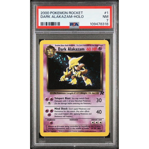 2000 POKEMON TEAM ROCKET DARK ALAKAZAM HOLO 1/82 PSA 7