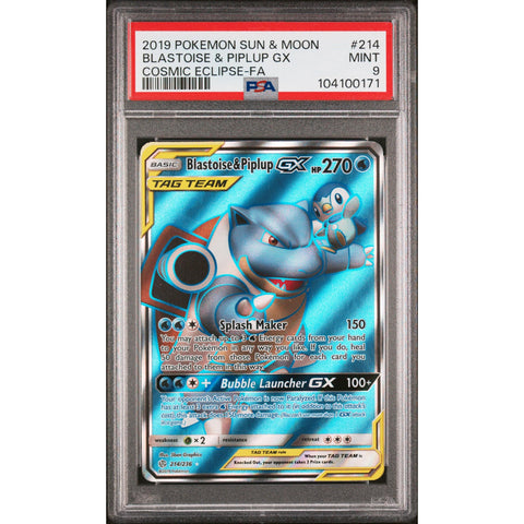 2019 POKEMON COSMIC ECLIPSE BLASTOISE & PIPLUP GX 214/236 PSA 9
