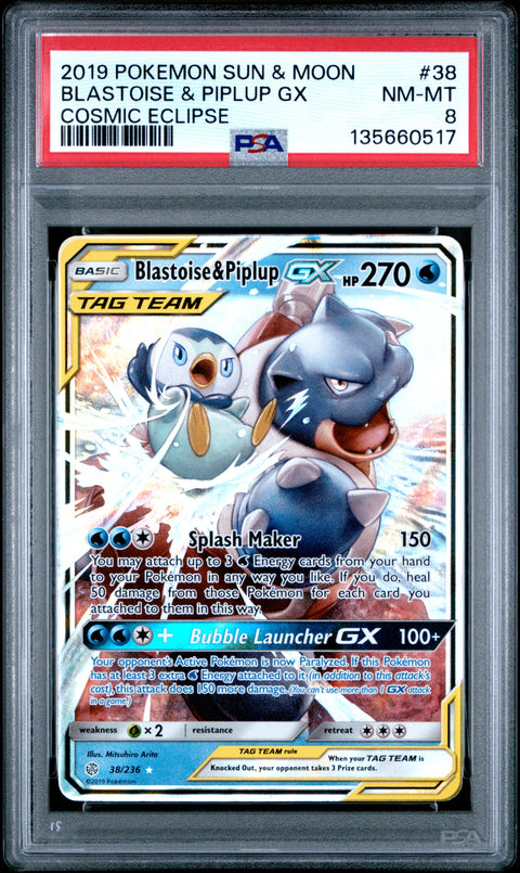 2019 POKEMON COSMIC ECLIPSE BLASTOISE & PIPLUP GX 38/236 PSA 8
