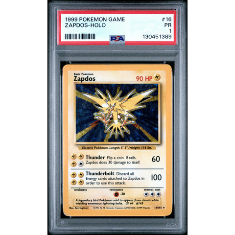 1999 POKEMON BASE SET ZAPDOS 16/102 PSA 1